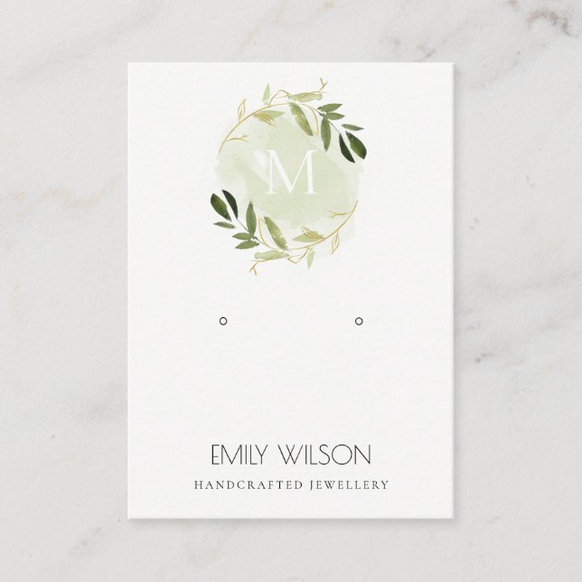 GOLD GREEN FOLIAGE MONOGRAM EARRING DISPLAY LOGO BUSINESS CARD (Front)