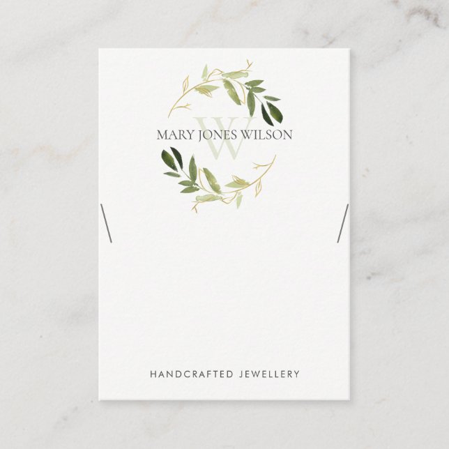 GOLD GREEN FOLIAGE MONOGRAM NECKLACE DISPLAY LOGO BUSINESS CARD (Front)