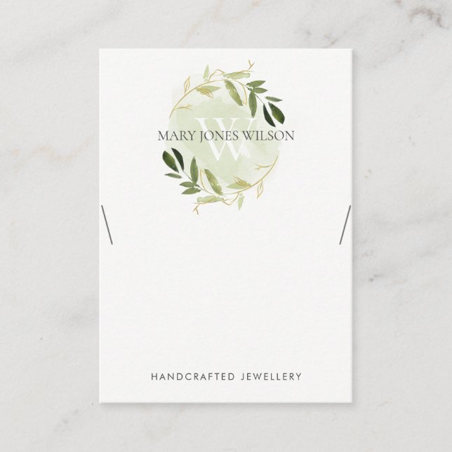 GOLD GREEN FOLIAGE MONOGRAM NECKLACE DISPLAY LOGO BUSINESS CARD (Front)