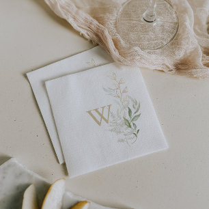 Gold Green Foliage Monogram Wedding Napkin