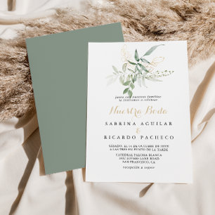 Gold Green Foliage Nuestra Boda Wedding Invitation