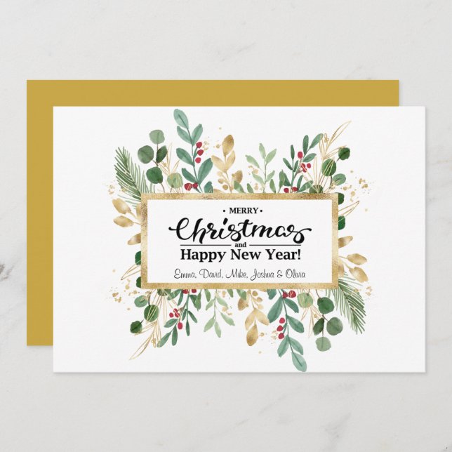 Gold Green Foliage | Red Berry Greeting Holiday Card (Front/Back)