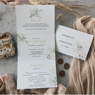 Gold Green Foliage Trifold Wedding Invitation