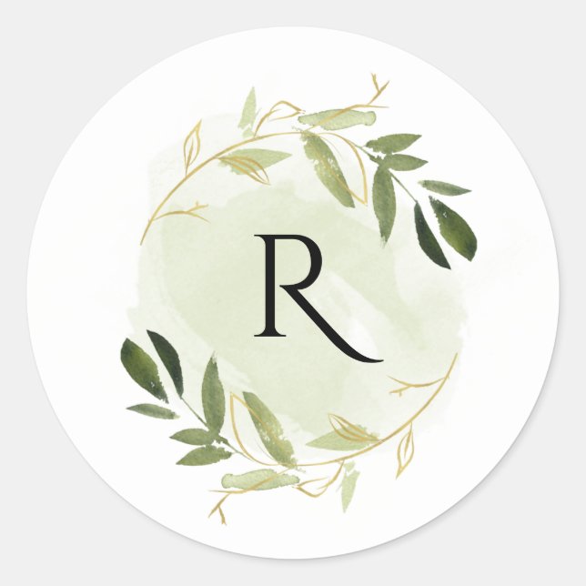 GOLD GREEN FOLIAGE WATERCOLOR WREATH MONOGRAM CLASSIC ROUND STICKER (Front)