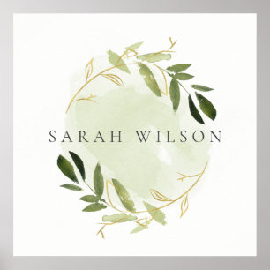 Gold Green Foliage Watercolor Wreath Poster