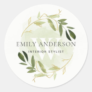 GOLD GREEN FOLIAGE WATERCOLOR WREATH PROFESSIONAL CLASSIC ROUND STICKER