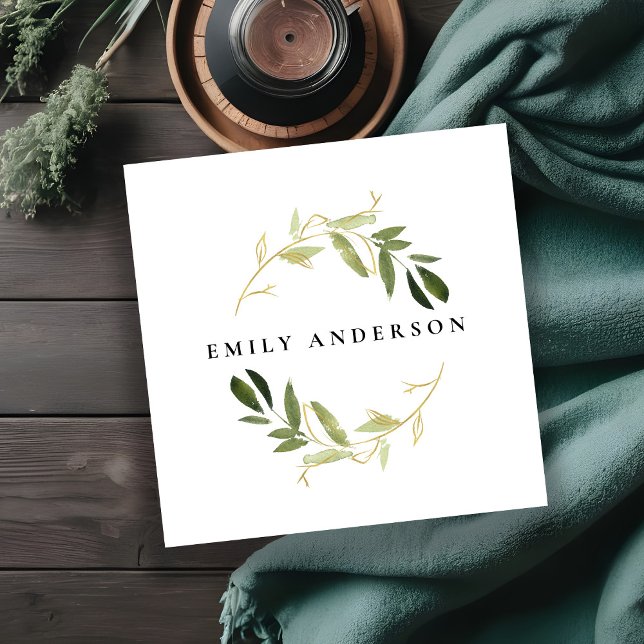 GOLD GREEN FOLIAGE WATERCOLOR WREATH PROFESSIONAL SQUARE BUSINESS CARD (Creator Uploaded)