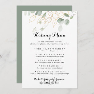 Gold Green Foliage Wedding Kissing Menu Game Card