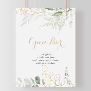 Gold Green Foliage Wedding Open Bar Sign