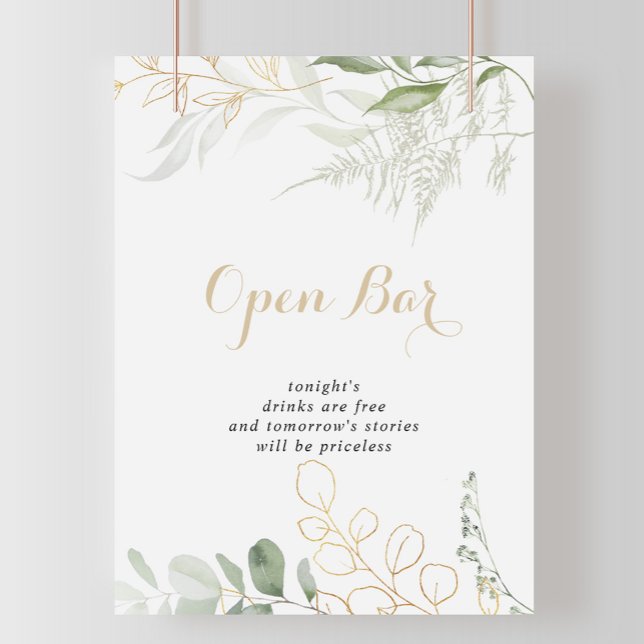 Gold Green Foliage Wedding Open Bar Sign (Creator Uploaded)