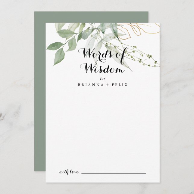 Gold Green Foliage Wedding Words of Wisdom  Advice Card (Front/Back)