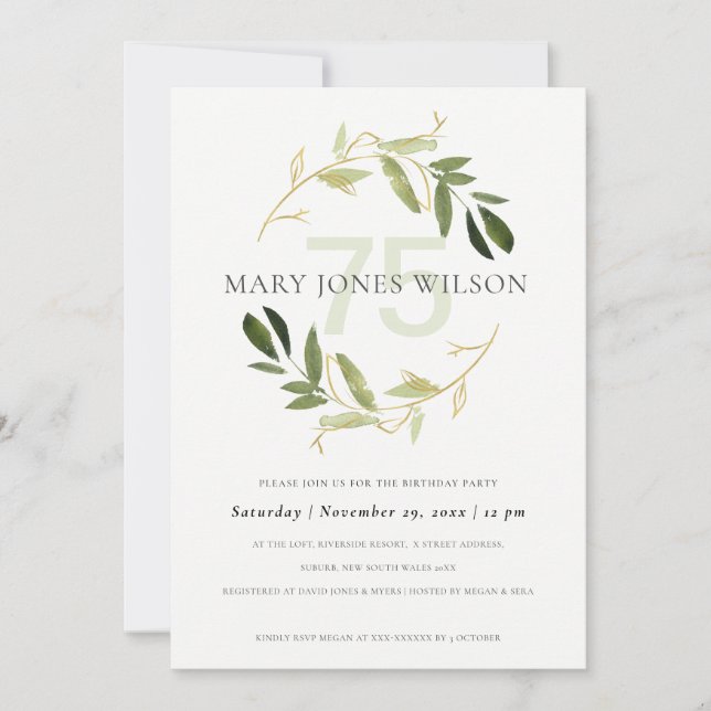 GOLD GREEN FOLIAGE WREATH ANY AGE 75 BIRTHDAY CARD (Front)