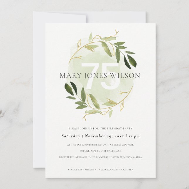 GOLD GREEN FOLIAGE WREATH ANY AGE 75 BIRTHDAY CARD (Front)