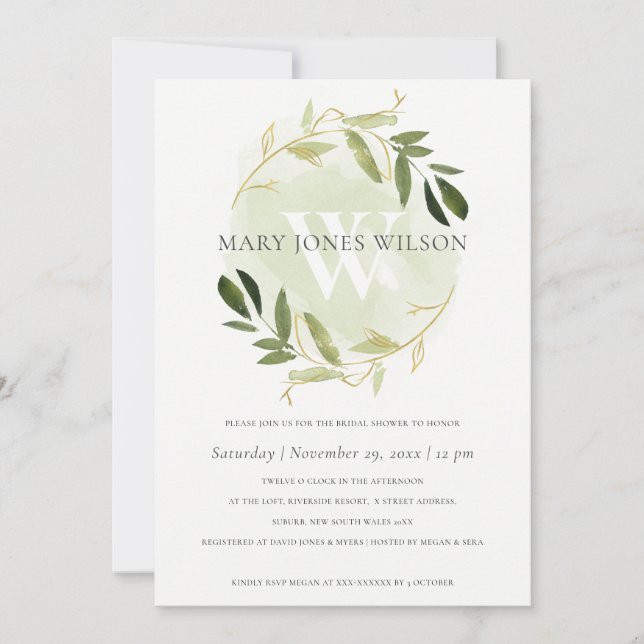 GOLD GREEN FOLIAGE WREATH BRIDAL SHOWER CARD (Front)