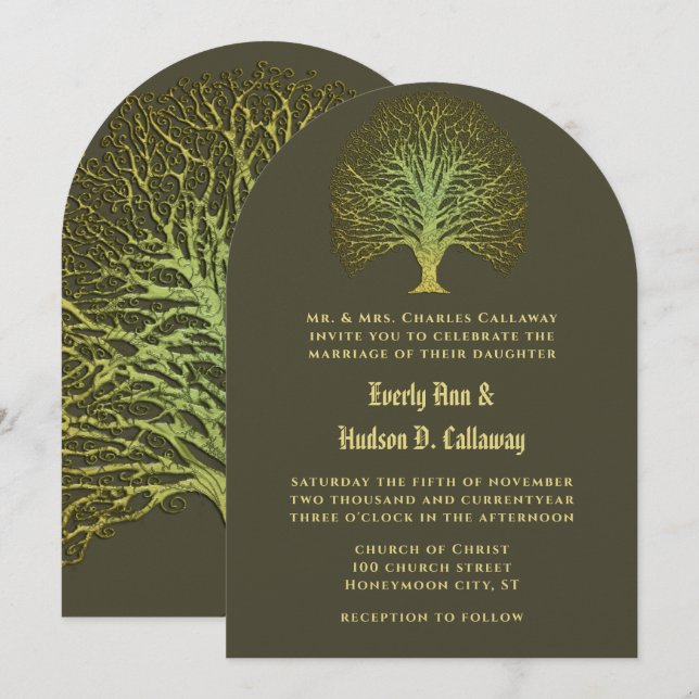 Gold Green Forest Wedding Invitation (Front/Back)