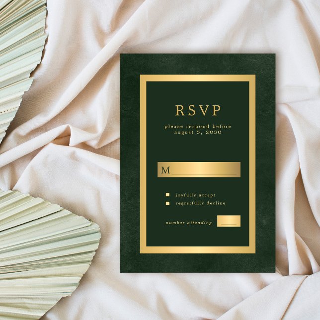 Gold green formal wedding modern typography RSVP card (Creator Uploaded)