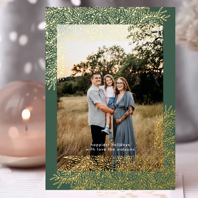 Gold Green Frame hand drawn Christmas Photo Foil Holiday Card (Creator Uploaded)