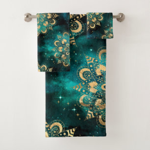 Gold & Green Galaxy Dharma Mandala Pattern Bath Towel Set