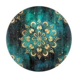 Gold & Green Galaxy Dharma Mandala Pattern Cutting Board