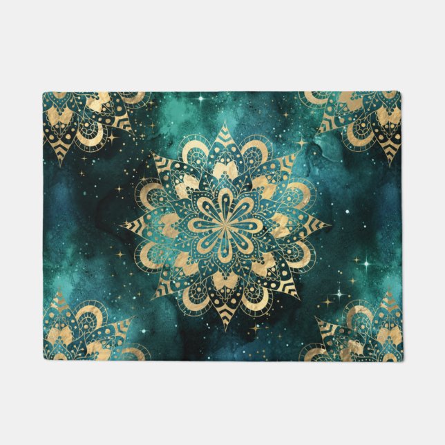 Gold & Green Galaxy Dharma Mandala Pattern Doormat (Front)