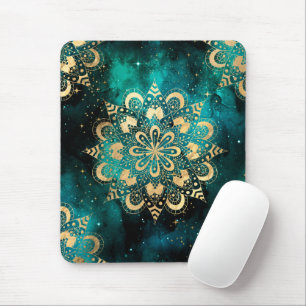 Gold & Green Galaxy Dharma Mandala Pattern Mouse Pad
