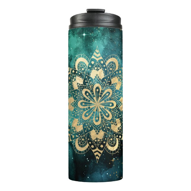Gold & Green Galaxy Dharma Mandala Pattern Thermal Tumbler (Front)