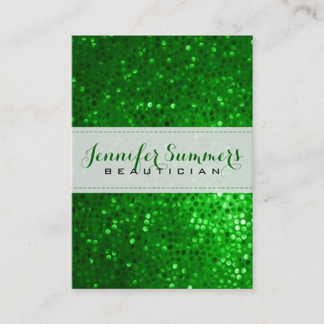 Gold & Green Glitter Beautician Business Card (Front)