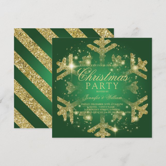 Gold & Green Glitter Snowflake Xmas Holiday Party Invitation (Front/Back)