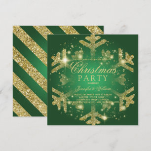 Gold & Green Glitter Snowflake Xmas Holiday Party Invitation