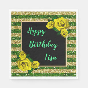 Gold Green Glitter Stripes Yellow Roses Birthday Napkin