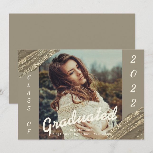 Gold Green Graduated Photo Graduation Announcement (Front/Back)