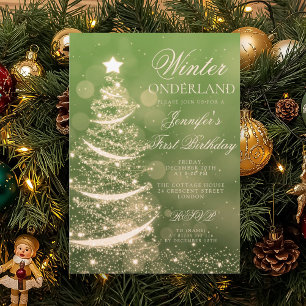 Gold Green Holiday Winter Onederland 1st Birthday Invitation