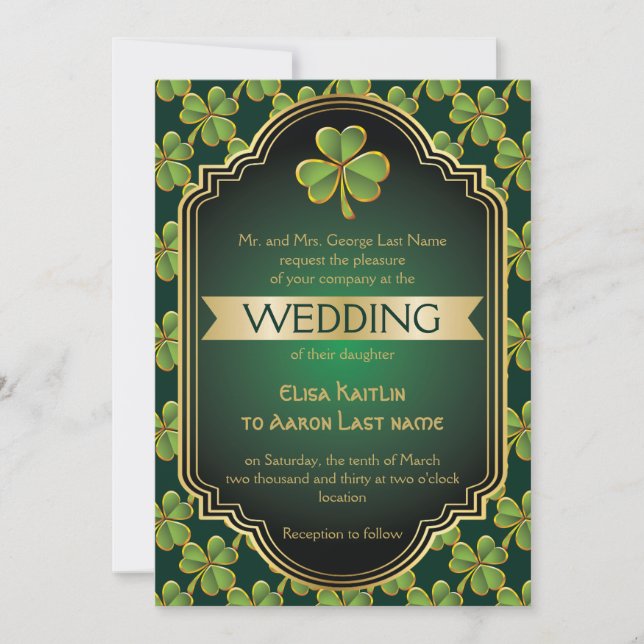 Gold, green irish clover and frame wedding invitation (Front)
