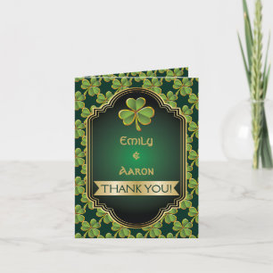 Gold, green Irish clover & frame wedding Thank You Card