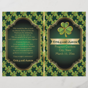 Gold, green Irish clover wedding folded program