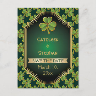Gold, green Irish clover wedding Save the Date Announcement Postcard