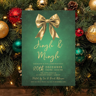 Gold Green Jingle Mingle Christmas Party Bow Snow Invitation