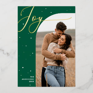 Gold & Green Joy Christmas   Modern Family Photo Foil Holiday Card