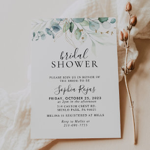 Gold Green Leaves Calligraphy Bridal shower  Invitation