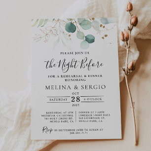 Gold Green Leaves Calligraphy Rehearsal Dinner  Invitation