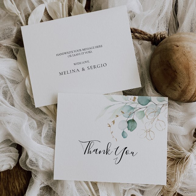 Gold Green Leaves Calligraphy Wedding  Thank You Card (Creator Uploaded)