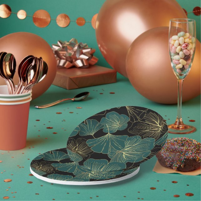Gold green leaves paper plate (Multi)