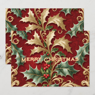 Gold Green Leaves Red Christmas Holiday Card