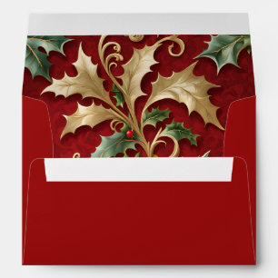 Gold Green Leaves Red Christmas Holiday Envelope
