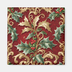 Gold Green Leaves Red Christmas Holiday Magnet