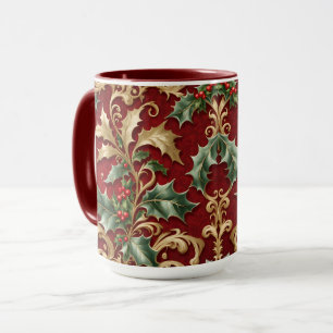 Gold Green Leaves Red Christmas Holiday Mug