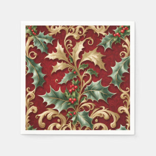 Gold Green Leaves Red Christmas Holiday Napkin