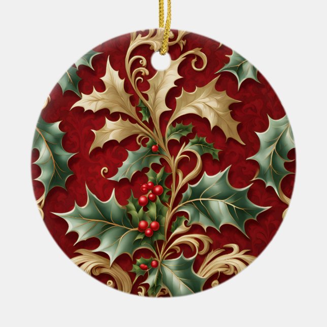 Gold Green Leaves Red Christmas Holiday Ornament (Front)