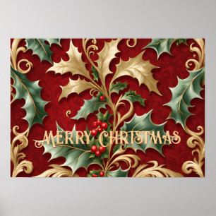 Gold Green Leaves Red Christmas Holiday Poster