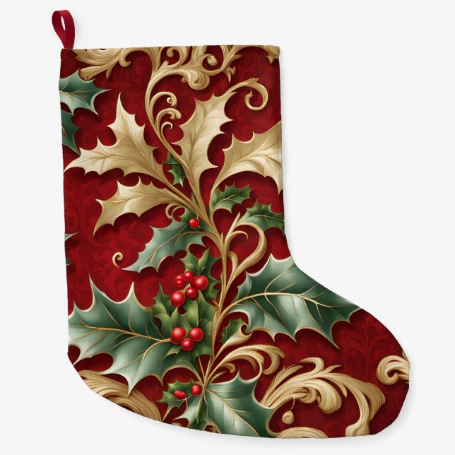 Gold Green Leaves Red Christmas Holiday Stocking (Front)